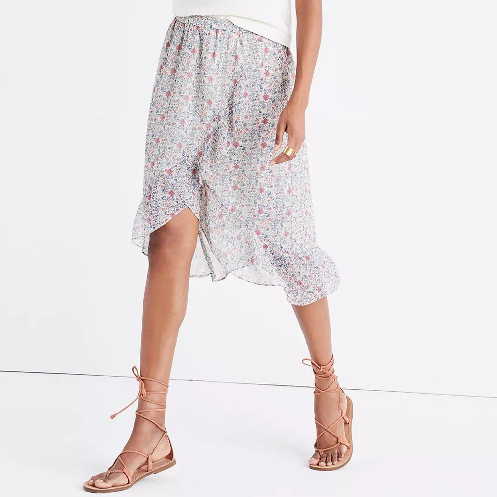 Madewell Cream Blue Floral Ruffle Wrap Midi Skirt Size 2